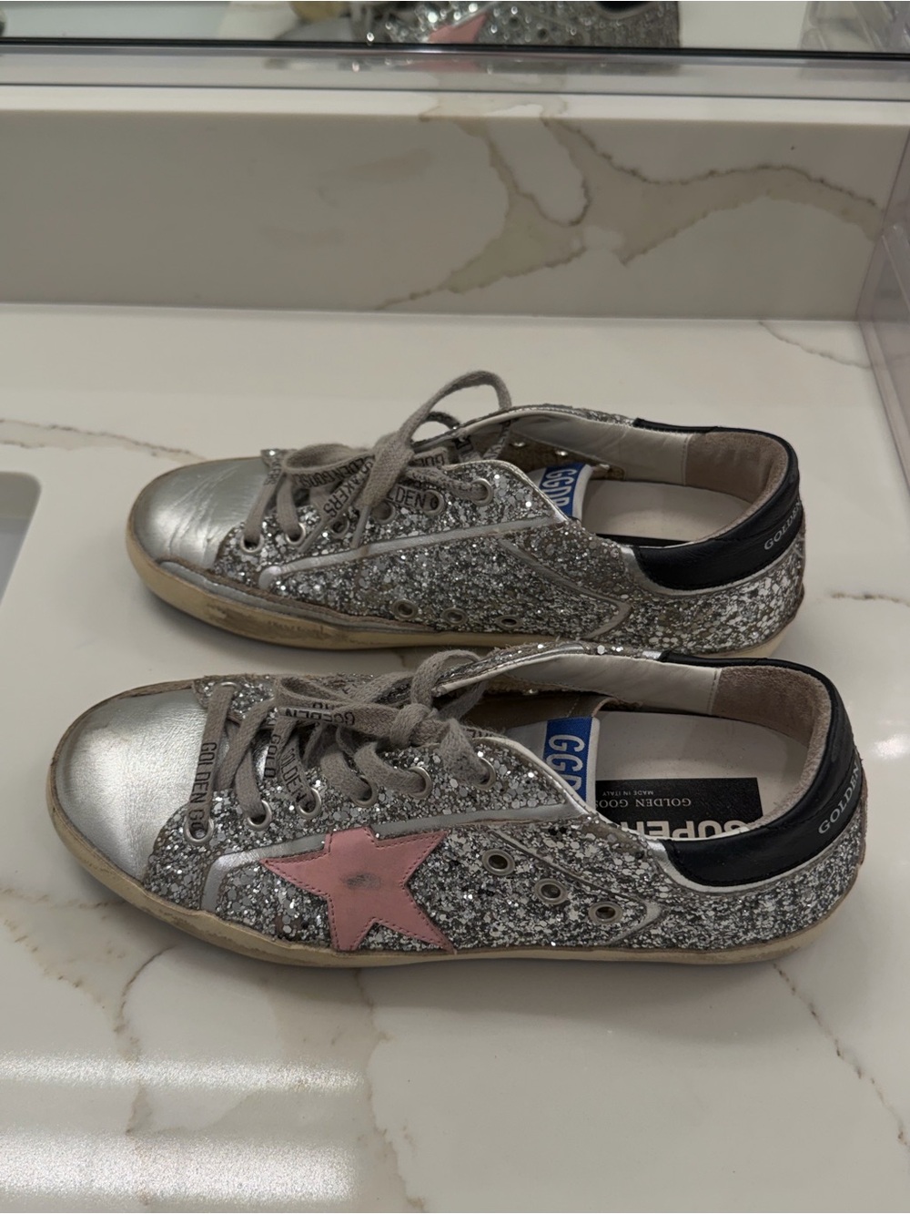 Golden Goose Silver Glitter Sneakers with Pink Star
